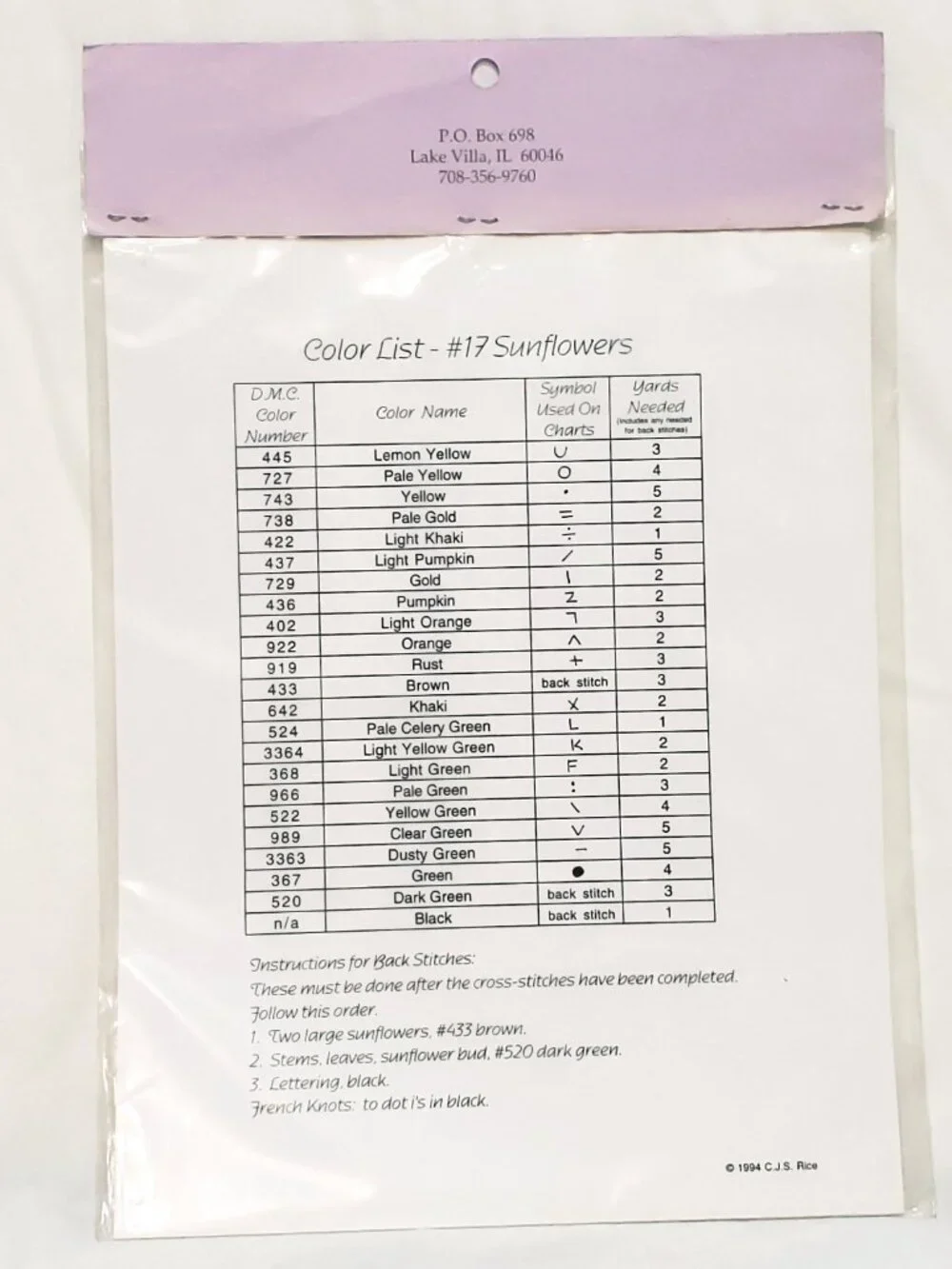 Sunflowers #17 Flower Counted Cross Stitch Chart-Pak The Lilac Studio 1994